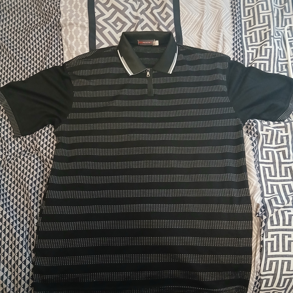 Authentic PRADA Black and Grey With White (Striped) Polo Shirt. Mint.